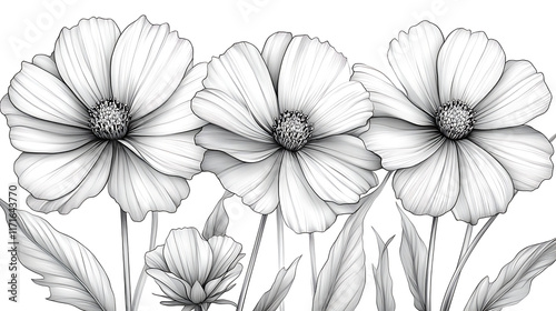 Wallpaper Mural Three detailed pencil sketch cosmos flowers with leaves and bud. Torontodigital.ca