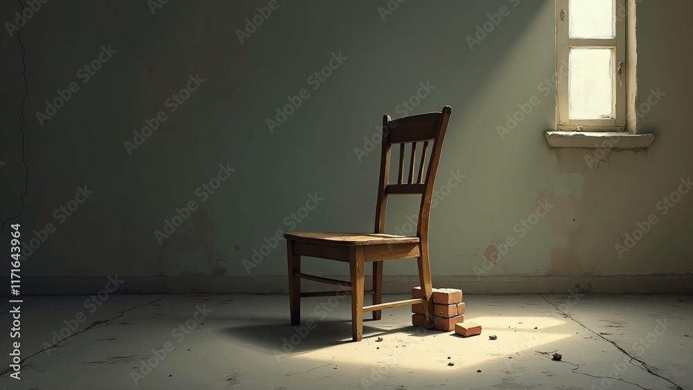 A worn-out chair with peeling paint in an empty, cracked-floored room. Sunlight streams through a narrow window, casting shadows that evoke loneliness and struggle. A worn-out chair with peeling paint in an empty, cracked-floored room. Sunlight streams through a narrow window, casting shadows that evoke loneliness and struggle.