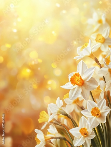 banner daffodil in white and yellwo on a spring meadow with warm light. photo