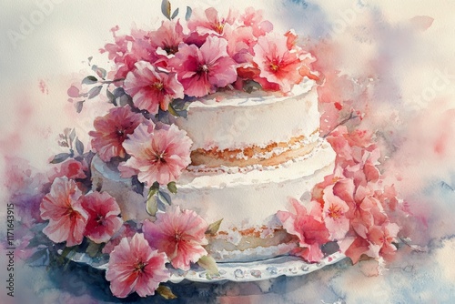 Beautiful floral wedding cake decorated with pink blossoms on a soft background