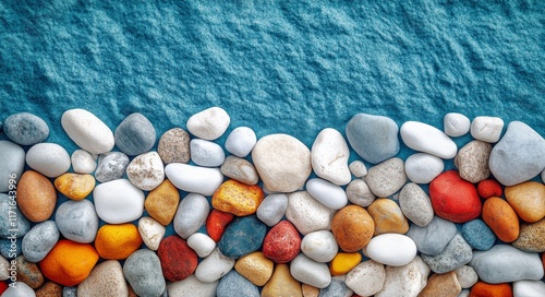Colorful pebbles lining a tranquil blue shore create a peaceful coastal atmos...