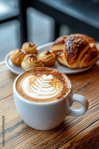 Warm beverage with cinnamon and pastries on a rustic table during the winter ...