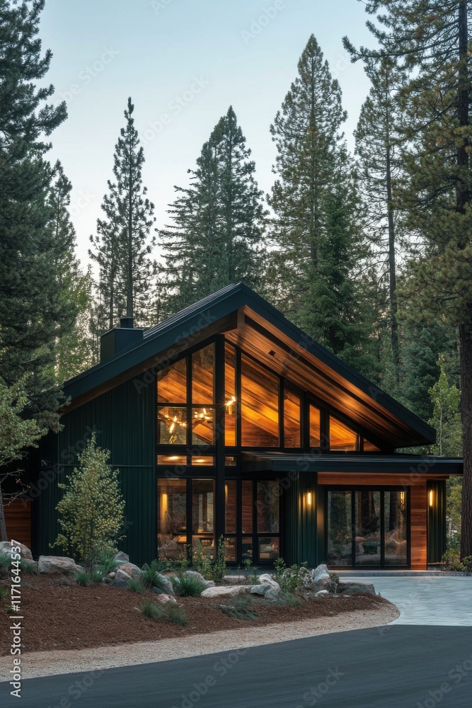 Naklejka premium A contemporary cabin is gracefully situated amid towering pine trees, creating a peaceful retreat within a tranquil wooded landscape as twilight descends