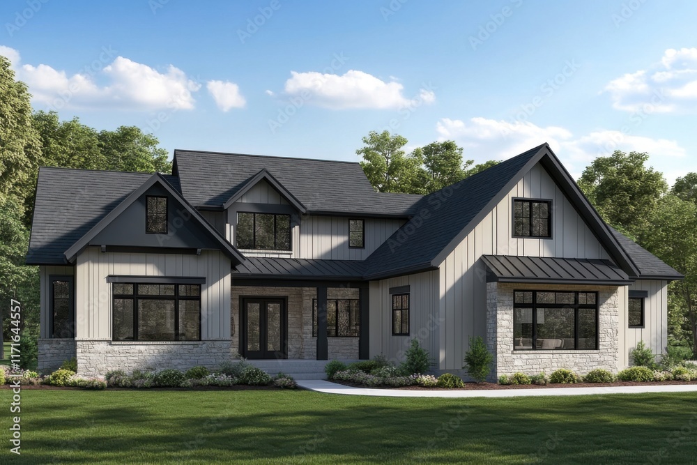 Modern farmhouse exterior with large windows and stone accents surrounded by lush greenery in daylight ideal for family gatherings Modern farmhouse exterior with large windows and stone accents surrounded by lush greenery in daylight ideal for family gatherings