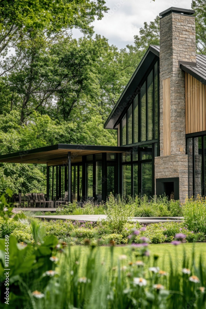 Modern architectural design highlights large glass windows and natural materials in a serene garden setting during the day Modern architectural design highlights large glass windows and natural materials in a serene garden setting during the day