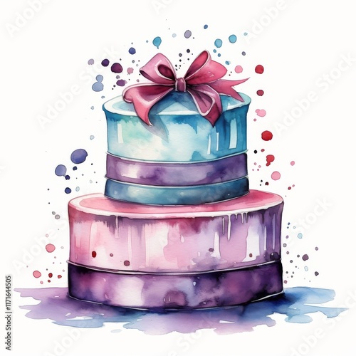 Celebration cake with candles and decorations in shades of purple and pink fo...