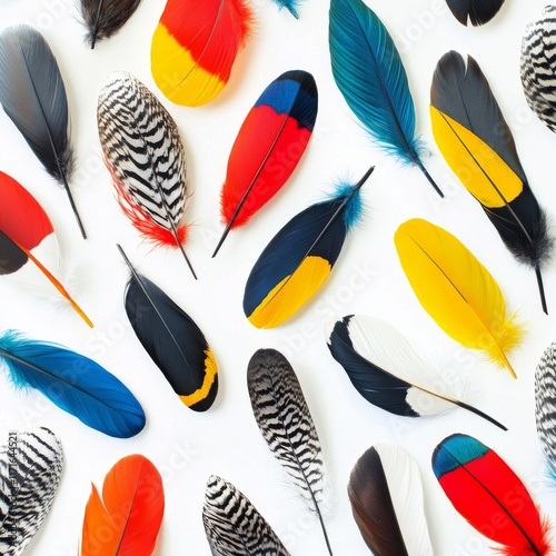 Colorful feathers arranged on a white background showcasing diverse patterns ...