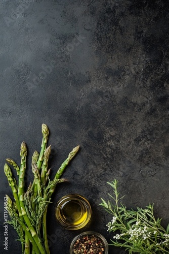 Fresh asparagus with olive oil and garlic on a dark countertop for healthy co...