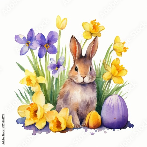 Colorful spring garden with bunnies and flowers celebrating the season of ren...