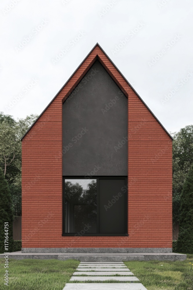 Modern architectural design of a minimalist house with a striking gable roof and large windows set in a lush green landscape near a pathway Modern architectural design of a minimalist house with a striking gable roof and large windows set in a lush green landscape near a pathway