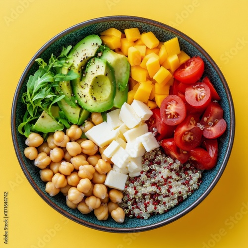 Fresh and colorful salad bowl with avocados, tomatoes, chickpeas, and mango