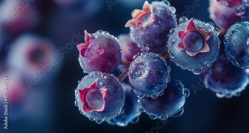 Fresh blueberries glistening with water droplets on a dark background in a cl...