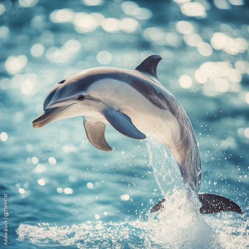 Dolphin leaps gracefully out of clear blue water under sunlight