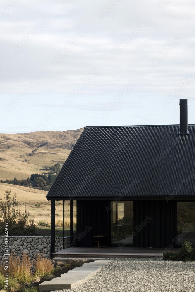 Modern black house situated in a serene landscape with rolling hills and a cloudy sky during early afternoon in a rural area Modern black house situated in a serene landscape with rolling hills and a cloudy sky during early afternoon in a rural area