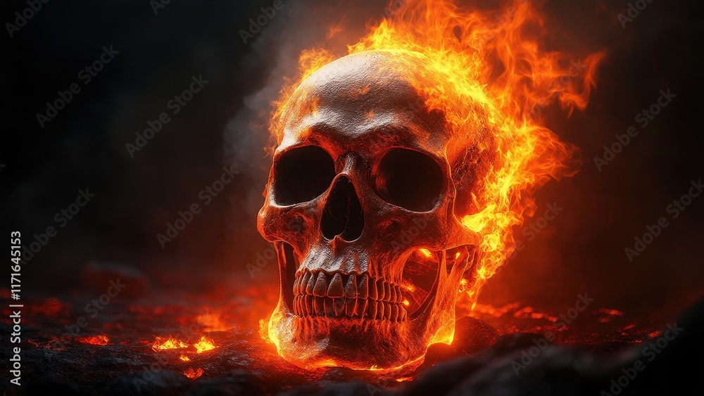 skull illustration in flames on a dark background skull illustration in flames on a dark background