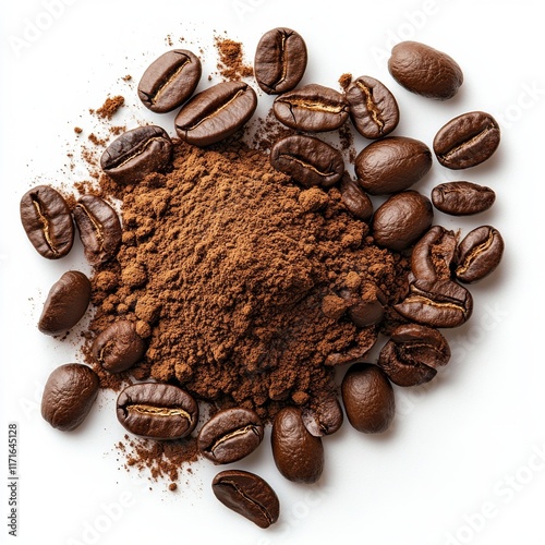 Rich coffee beans and ground coffee scattered on a white surface
