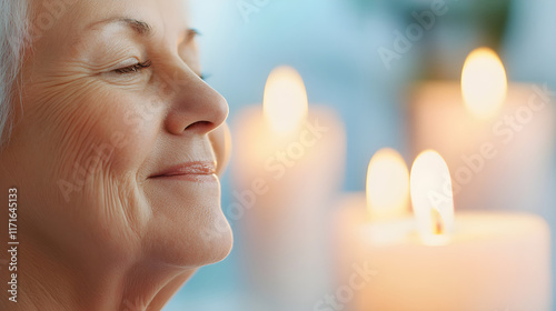 longevity lifestyle vitality concept. A serene older woman enjoying the calming ambiance of candles.