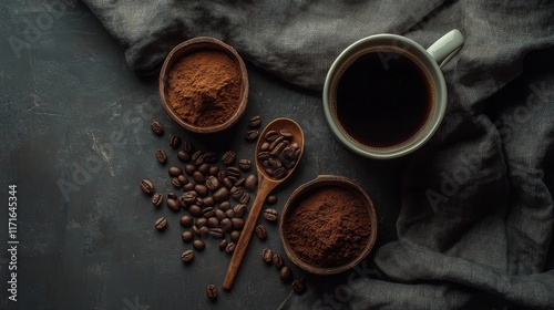 Delicate arrangement of coffee beans, powder, and a cup on a dark surface in ...