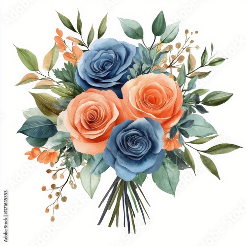 Beautiful bouquet of blue and orange roses with greenery set against a white ...