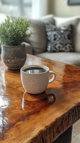 Cozy coffee moment on a wooden table with plants in a stylish living room