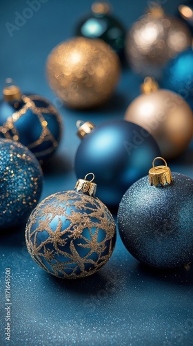 Elegant blue and gold Christmas ornaments arranged on a festive blue background