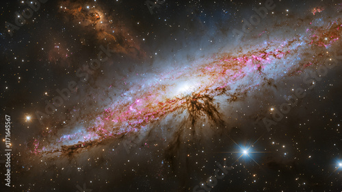 Cosmic Tapestry: A breathtaking view of a spiral galaxy, swirling with vibrant hues of pink, red, and blue, studded with countless stars against a backdrop of deep space.   photo