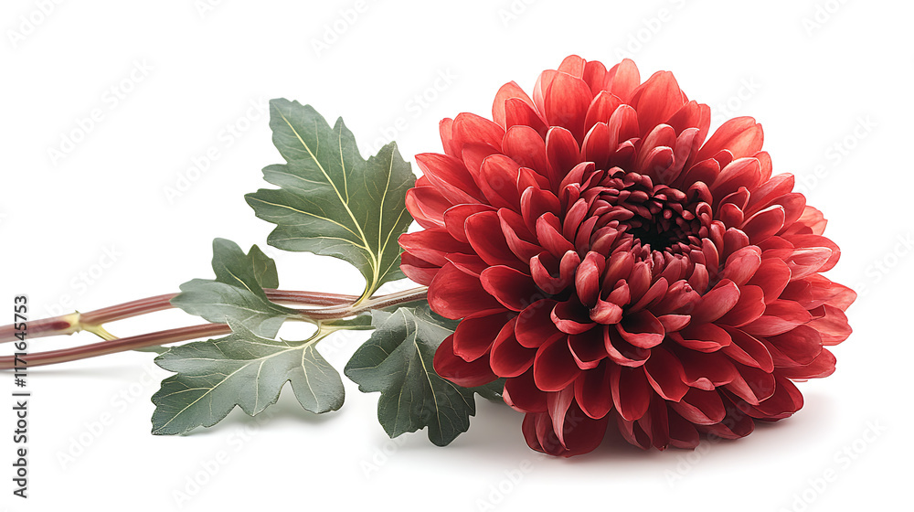 Single red chrysanthemum flower with green leaves isolated on white background. Single red chrysanthemum flower with green leaves isolated on white background.