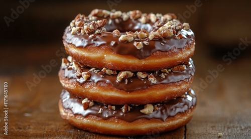 Delicious stacked donuts topped with chocolate and nuts at a cozy bakery setting