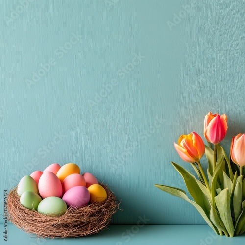 Nest with colored eggs and pink tulips against a light blue background in spring