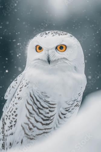 Snowy owl perched in winter landscape during golden hour with striking yellow...
