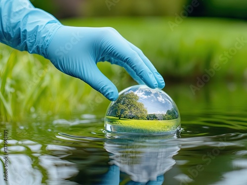 A hand in a glove takes a water sample to analyze its purity, evaluating environmental and ecological concerns, and conducting tests for infections to permit swimming