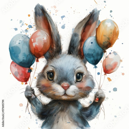 Cute bunny wearing a blue hat is dressed for a festive occasion in a whimsica...