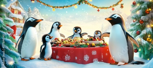 Penguins enjoying christmas dinner in a snowy landscape photo