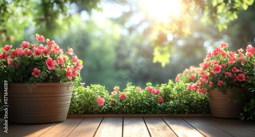 Bright garden flowers enhance outdoor space with sunlight filtering through t...