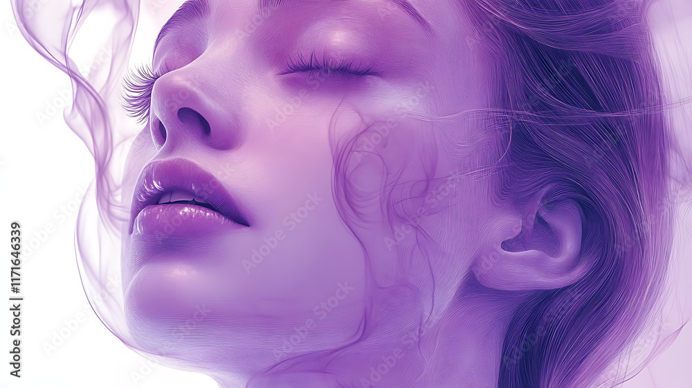custom made wallpaper toronto digitalSerene woman's face, purple smoke, closed eyes, soft light, smooth skin, hair, artistic.