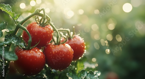 Fresh red tomatoes glistening with water droplets in a sunlit garden during m...