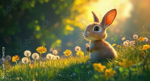Cute rabbit sitting in a sunlit meadow surrounded by dandelions on a beautifu...