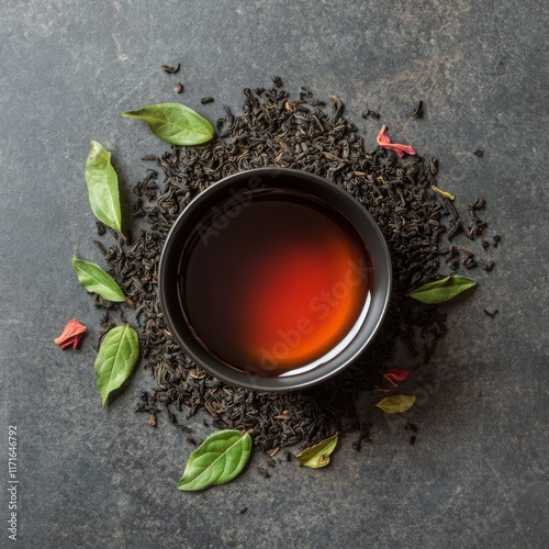 Warm cup of black tea surrounded by loose leaves and fresh herbs on a texture...