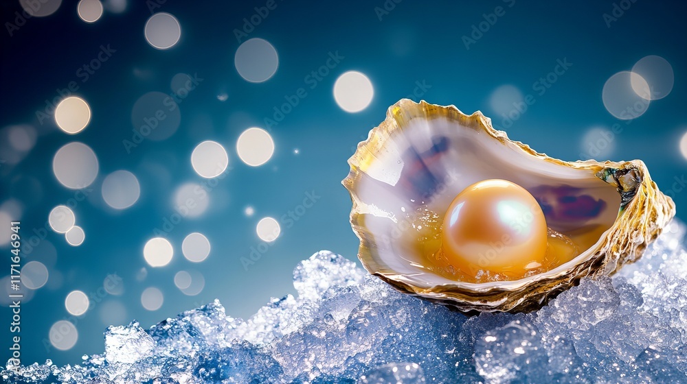 A lustrous pearl rests inside an oyster shell, nestled on a bed of ice. The scene is beautifully lit, creating a magical atmosphere. A lustrous pearl rests inside an oyster shell, nestled on a bed of ice. The scene is beautifully lit, creating a magical atmosphere.