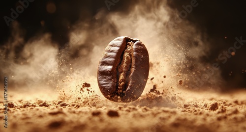 Coffee bean emerging from ground with rich texture and aroma in close-up view