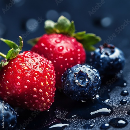 Fresh berries with dew drops on a dark surface create a vibrant still life di...