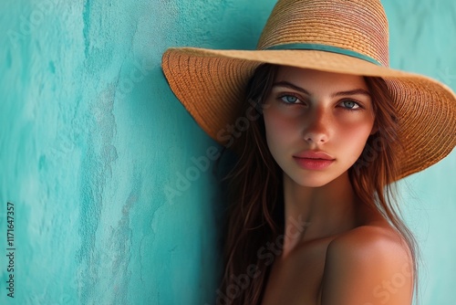 Young woman with straw hat poses against a vintage wall in a sunlit indoor space