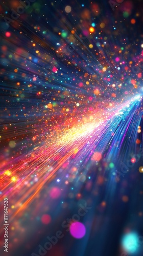 Colorful abstract light trail sparkling in dark space with vibrant hues swirl...