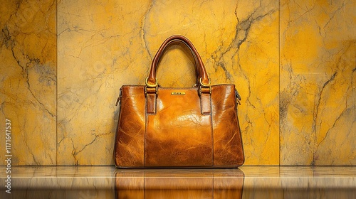 Brown leather handbag on marble surface.