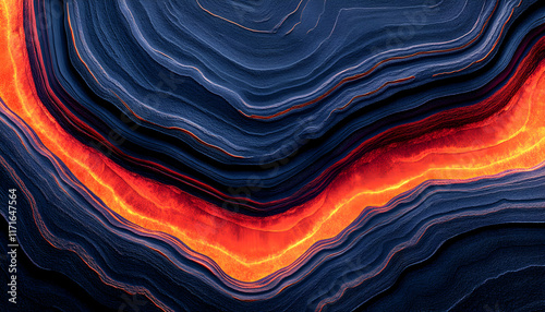 Abstract fiery lava flowing through dark layered rock, intense color contrast, geological texture, nature's power. photo