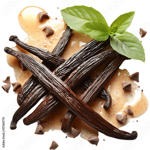 Whole vanilla beans placed beside a dynamic splash of vanilla extract on a transparent background, Vanilla Beans with Extract Splash on a transparent background