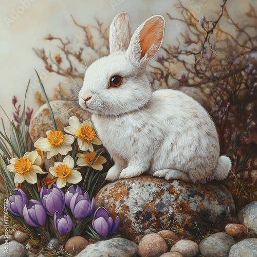 Cute brown bunny surrounded by colorful spring flowers in a vibrant garden se...