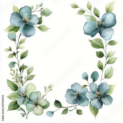 Elegant blue floral arrangement with leaves set against a white background fo...