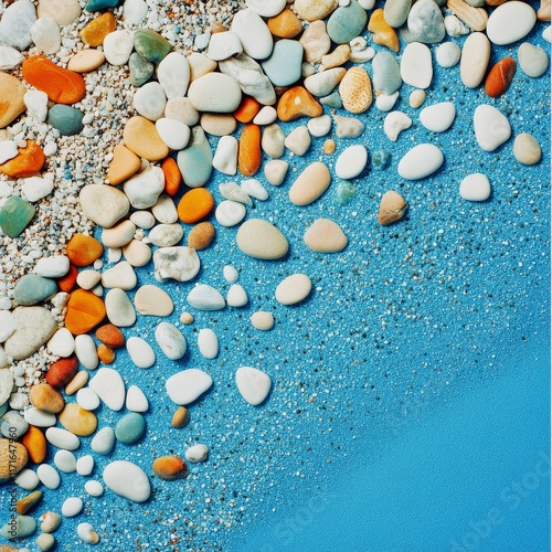 Colorful pebbles and sand on a blue beach background creating a serene coasta...