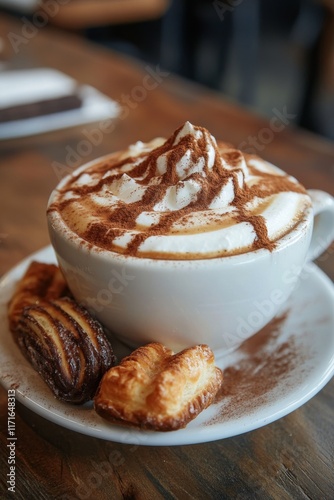 Warm beverage with cinnamon and pastries on a rustic table during the winter ...